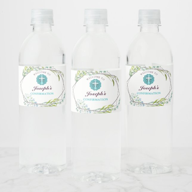 Elegant Blue Cross Leafy Botanical Confirmation Water Bottle Label (Bottles)