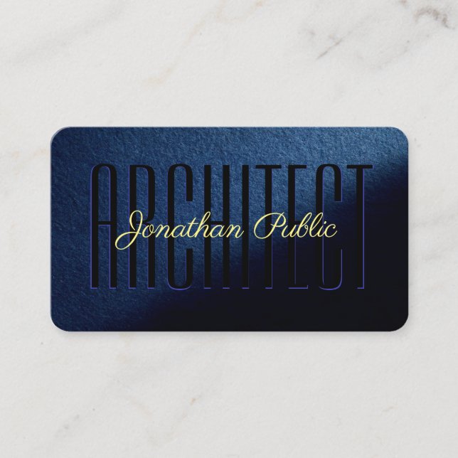 Elegant Blue Custom Gold Text Script Architect Business Card (Front)