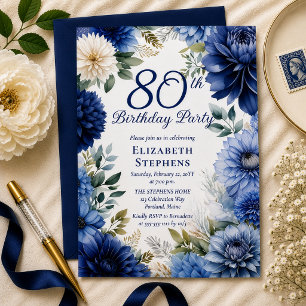 Elegant Blue Dahlia Floral 80th Birthday Party Invitation