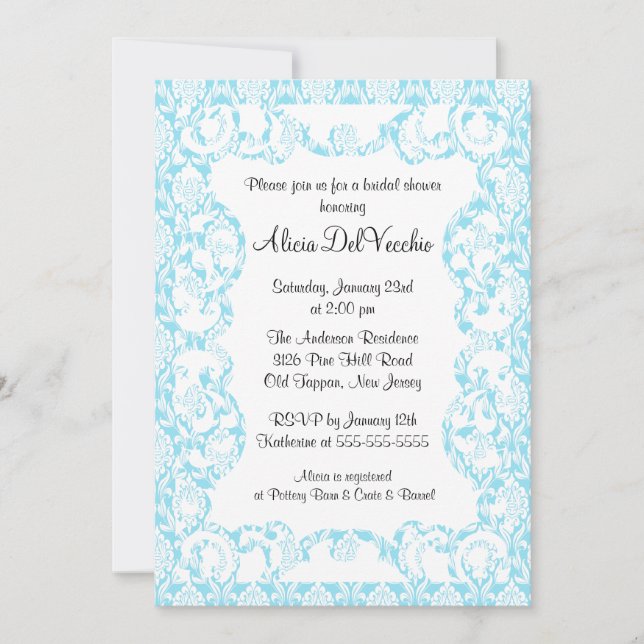 Elegant Blue Damask Bridal Shower Invitation (Front)