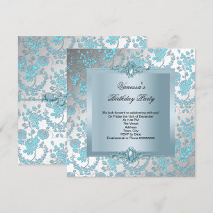 Elegant Blue Damask Floral Birthday Party Invitation