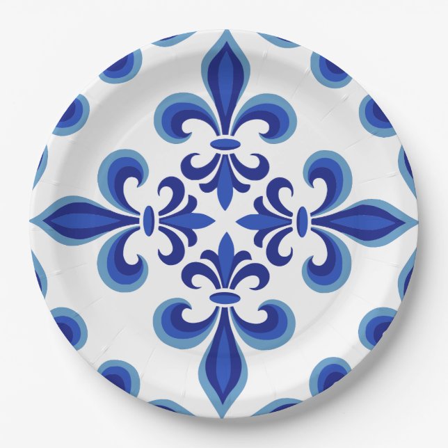 Elegant Blue Damask Luncheon  Paper Plate (Front)