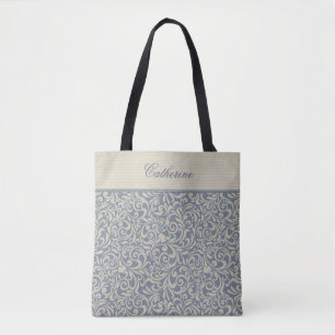 Elegant Blue Damask Pattern with Custom Text Tote Bag