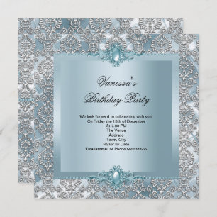 Elegant Blue Damask Silver Birthday Party Invitation