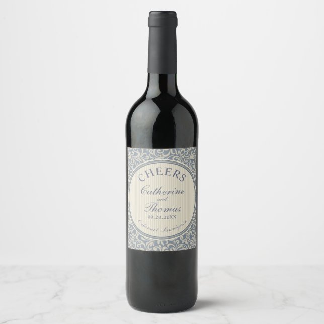 Elegant Blue Damask Wedding Cheers Wine Label (Front)