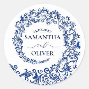 Elegant Blue Damask Wedding Classic Round Sticker