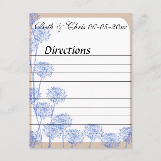 Elegant Blue Dandelion Wedding Directions Postcard (Front)