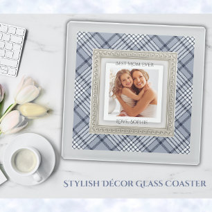 Elegant Blue Diagonal Plaid Best Mom Ever Photo Glass Coaster