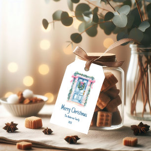 Elegant Blue Door Watercolor Christmas Gift Tag