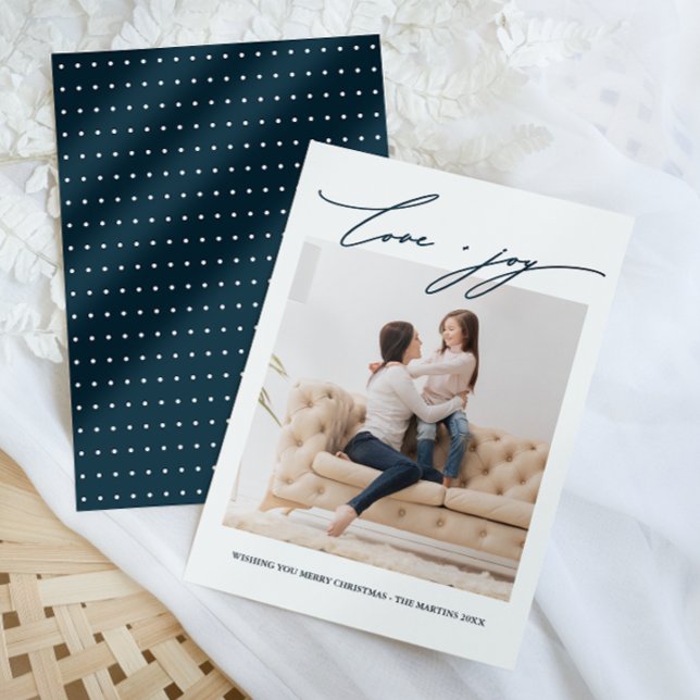 Elegant Blue Dots Love and Joy Calligraphy Holiday Invitation (Creator Uploaded)