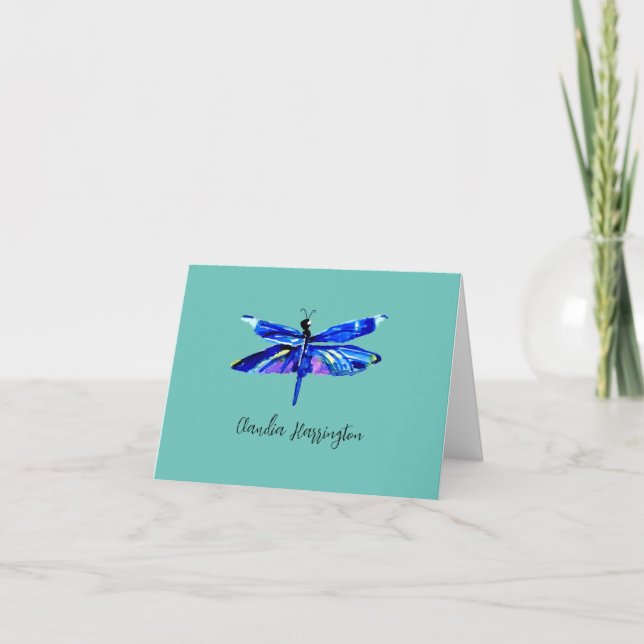 Elegant Blue Dragonflly Hand-Painted Watercolor Note Card (Front)