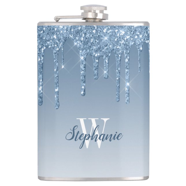 Elegant Blue Dripping Faux Glitter Monogram Hip Flask (Front)