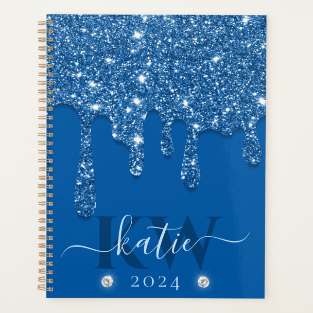 Elegant Blue Dripping Glitter Monogram Planner (Front)