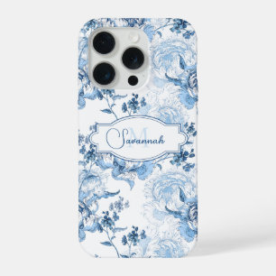 Elegant Blue Engraved Floral Name/Monogram iPhone 15 Pro Case