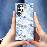 Elegant Blue Engraved Floral Name/Monogram Samsung Galaxy Case<br><div class="desc">Elegant vintage-inspired engraved blue and white floral pattern with ornamental scrolls and vines featuring custom label with text fields for your name and/or monogram.</div>