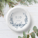 Elegant Blue Engraved Floral Wreath w/Monogram Paper Plate<br><div class="desc">Classic and elegant design featuring vintage inspired engraved blue floral wreath encircling the bride and groom's monogram & wedding date.</div>