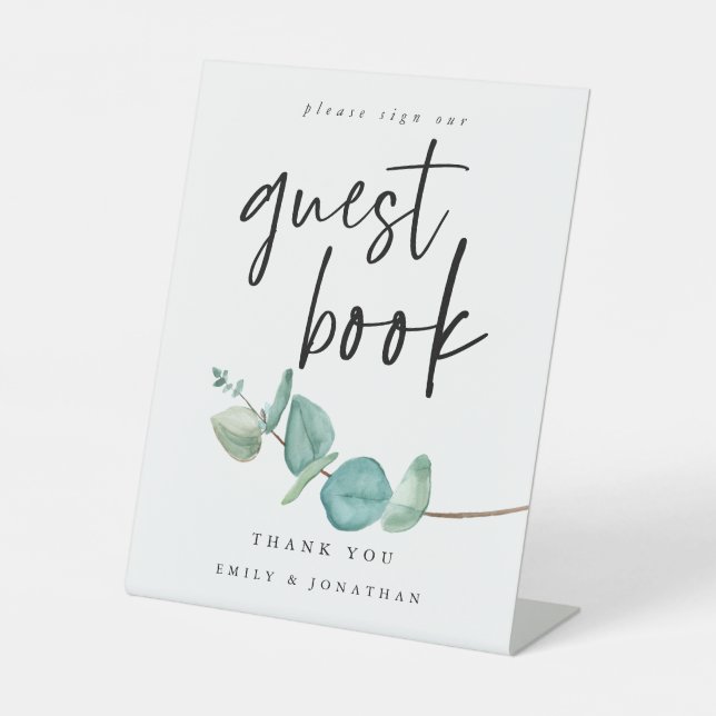 Elegant Blue Eucalyptus Guest Book Wedding Pedestal Sign (Front)