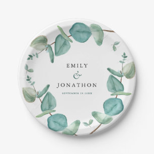 Elegant Blue Eucalyptus Names Date Wedding Paper Plate