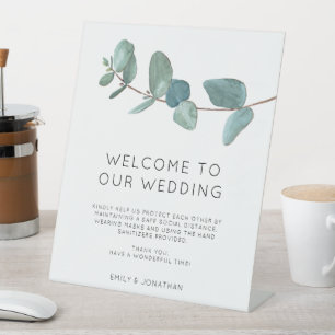 Elegant Blue Eucalyptus Welcome COVID Safety Pedes Pedestal Sign
