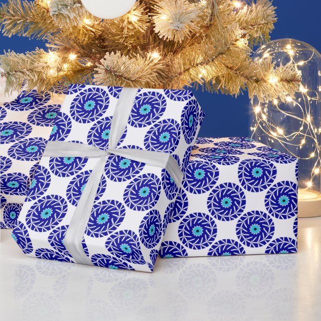Elegant Blue Evil Eye Floral Geometric Art Pattern Wrapping Paper (Holidays)