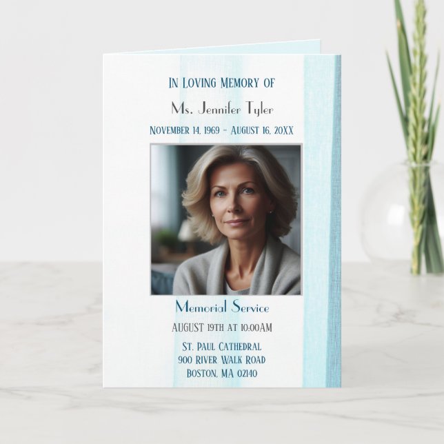 Elegant Blue Fabric Obituary Bereavement Service  Program (Front)