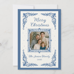 Elegant Blue Family Photo Christmas Holiday Card