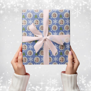 Elegant Blue Family Photo Custom Christmas Wrapping Paper