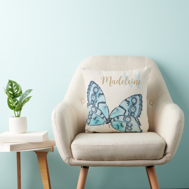Elegant Blue Fantasy Butterfly Gold Name Art Deco Throw Pillow (Chair)