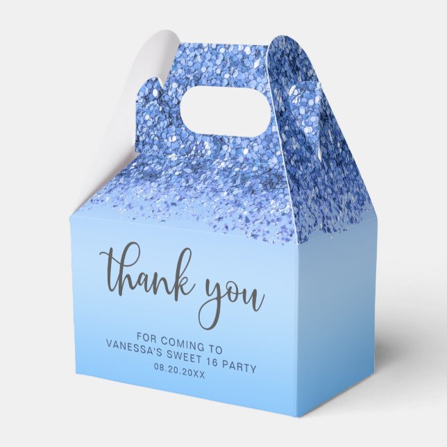 Elegant Blue Faux Glitter Sweet 16 Birthday Favor Box (Front Side)