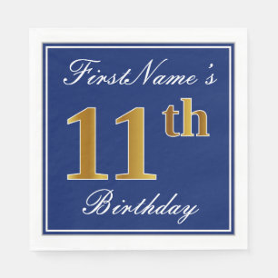 Elegant Blue, Faux Gold 11th Birthday; Custom Name Napkin