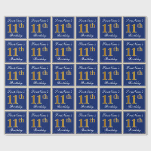 Elegant, Blue, Faux Gold 11th Birthday + Name Wrapping Paper