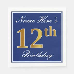 Elegant Blue, Faux Gold 12th Birthday; Custom Name Napkin