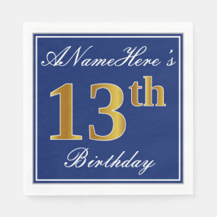 Elegant Blue, Faux Gold 13th Birthday; Custom Name Napkin