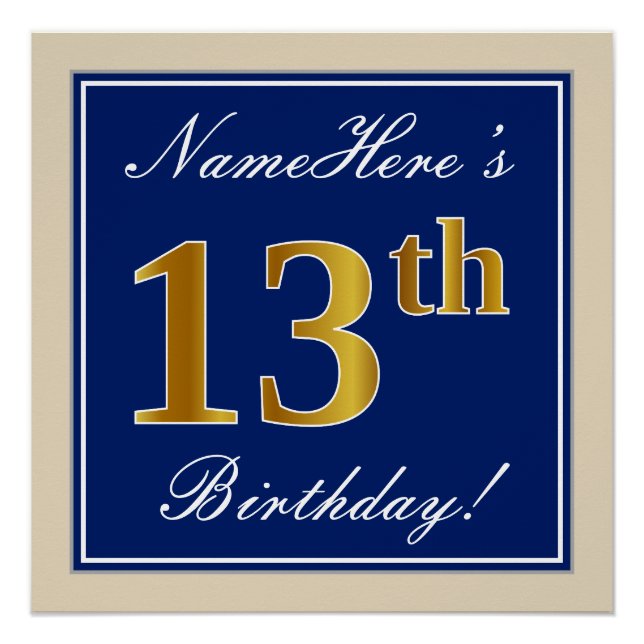 Elegant, Blue, Faux Gold 13th Birthday + Name Poster (Front)