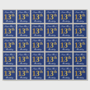 Elegant, Blue, Faux Gold 13th Birthday + Name Wrapping Paper