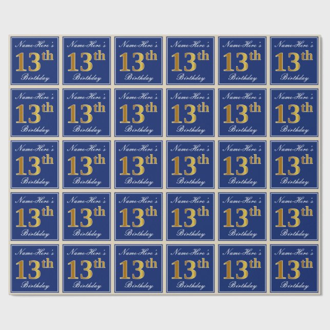 Elegant, Blue, Faux Gold 13th Birthday + Name Wrapping Paper (Flat)