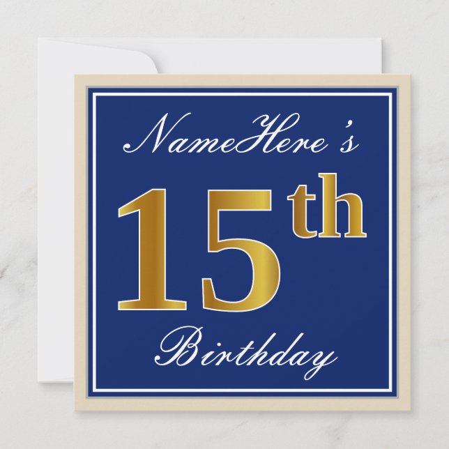 Elegant, Blue, Faux Gold 15th Birthday + Name Invitation (Front)