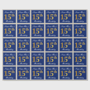 Elegant, Blue, Faux Gold 15th Birthday + Name Wrapping Paper