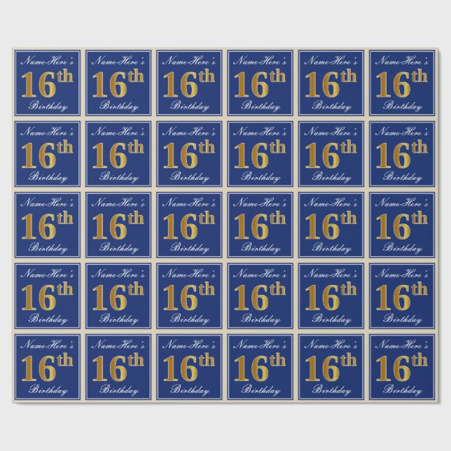 Elegant, Blue, Faux Gold 16th Birthday + Name Wrapping Paper (Flat)