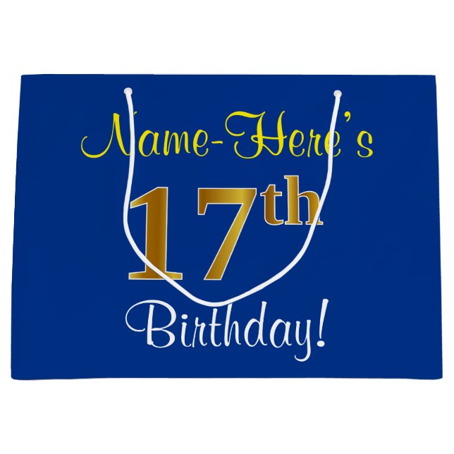 Elegant, Blue, Faux Gold 17th Birthday + Name Large Gift Bag (Front)
