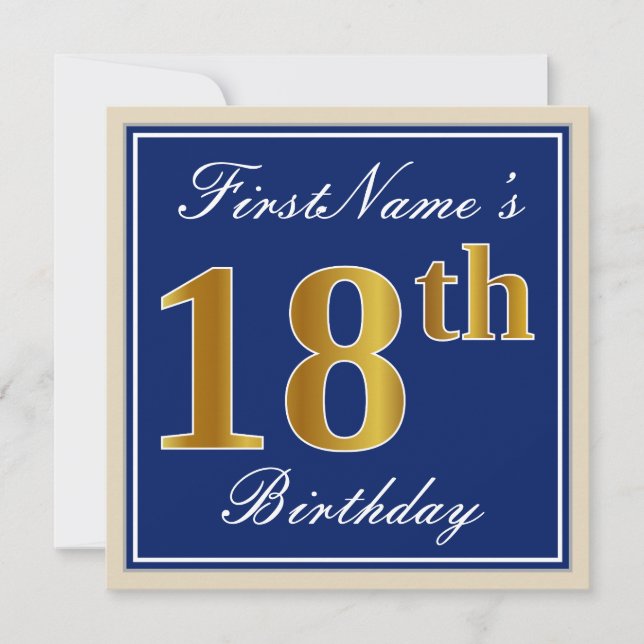 Elegant, Blue, Faux Gold 18th Birthday + Name Invitation (Front)