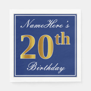 Elegant Blue, Faux Gold 20th Birthday; Custom Name Napkin