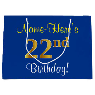 Elegant, Blue, Faux Gold 22nd Birthday + Name Large Gift Bag