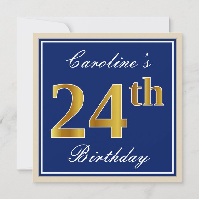 Elegant, Blue, Faux Gold 24th Birthday + Name Invitation (Front)