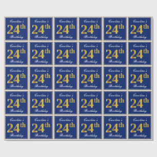 Elegant, Blue, Faux Gold 24th Birthday + Name Wrapping Paper