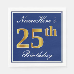 Elegant Blue, Faux Gold 25th Birthday; Custom Name Napkin