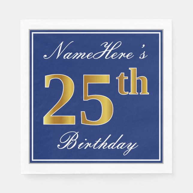 Elegant Blue, Faux Gold 25th Birthday; Custom Name Napkin (Front)