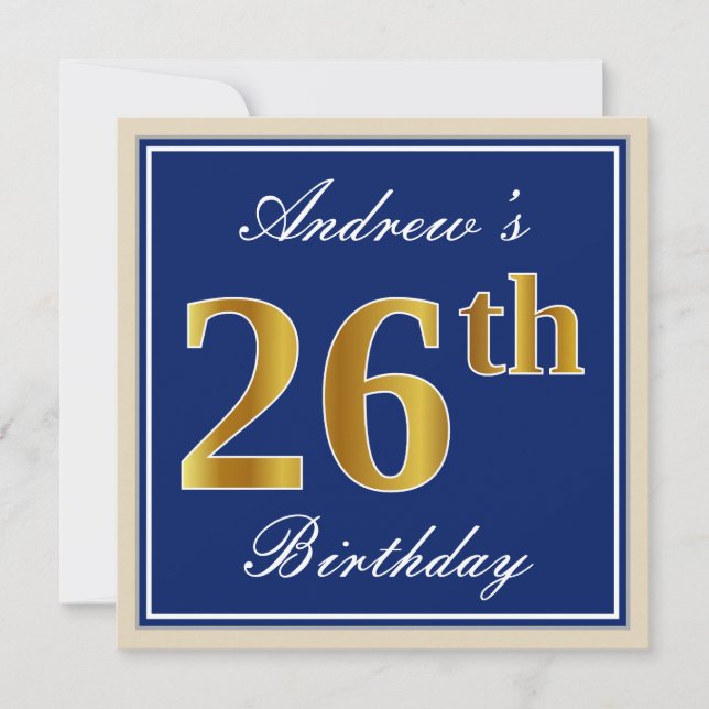 Elegant, Blue, Faux Gold 26th Birthday + Name Invitation (Front)