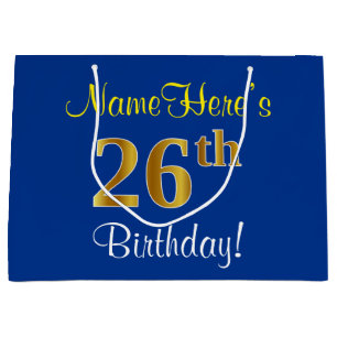 Elegant, Blue, Faux Gold 26th Birthday + Name Large Gift Bag