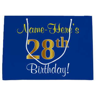 Elegant, Blue, Faux Gold 28th Birthday + Name Large Gift Bag